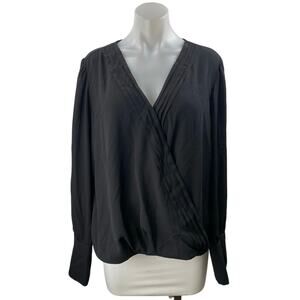 NEW Halogen Women's Black Faux Wrap V-neck Pleated Long Sleeve Blouse Top Sz XL